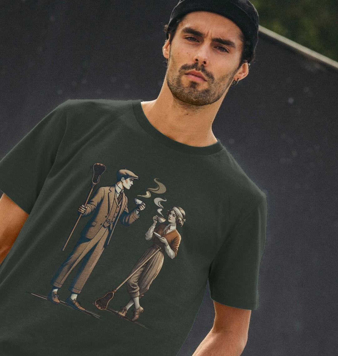 Retro Lacrosse T-shirt Design featuring a couple drinking tea. Green t-shirt